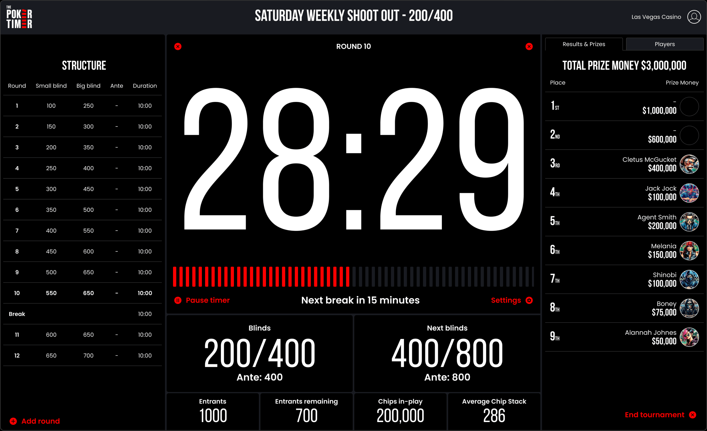 The poker timer application running