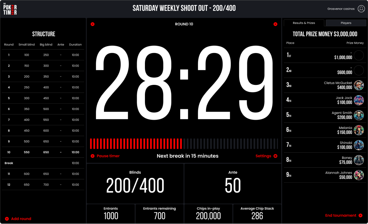 The poker timer application running