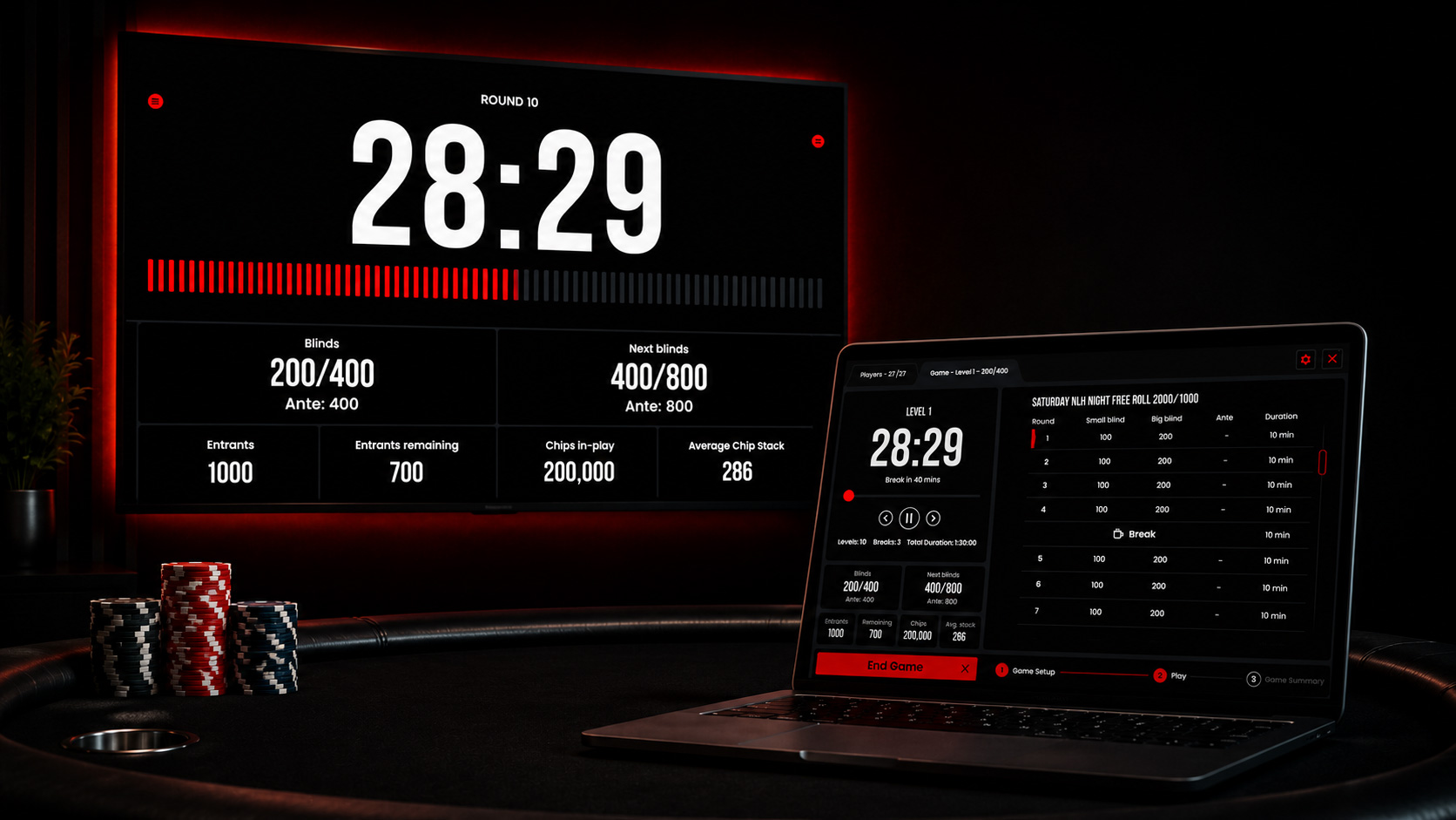 A host running a tournament with confidence on The Poker Timer, the player screen on a TV and the director screen on a laptop